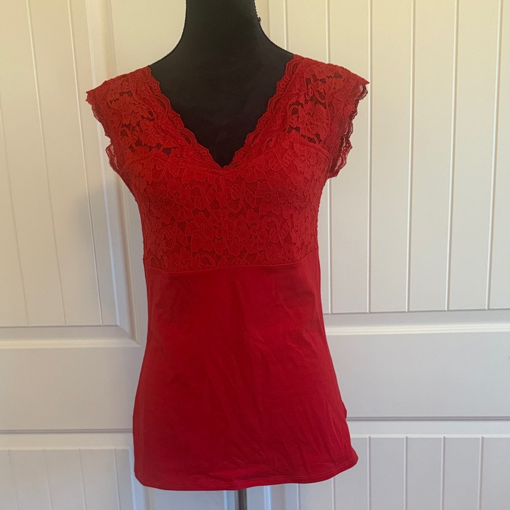 Express Red Lace V-Neck Cap Sleeve Blouse